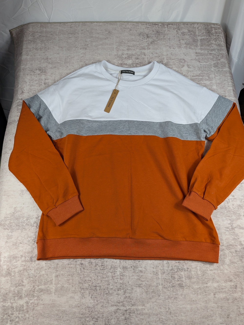 Colorblock Crewneck Sweater in White, Gray & Burnt Orange - Women